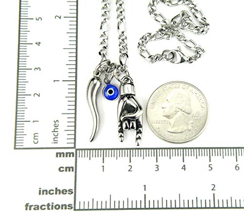 Mano Cornuto, Cornicello, and Nazar combo Necklace, on 20" Figaro Chain, Italian Lucky Hand Horn Anti Evil Eye Good Luck Amulet Protection Charms All Stainless4