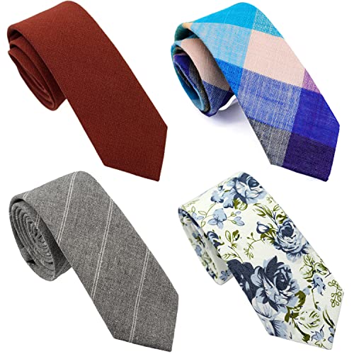 Image of Cotton Skinny Ties for Men, Plaid and Striped Slim Neckties