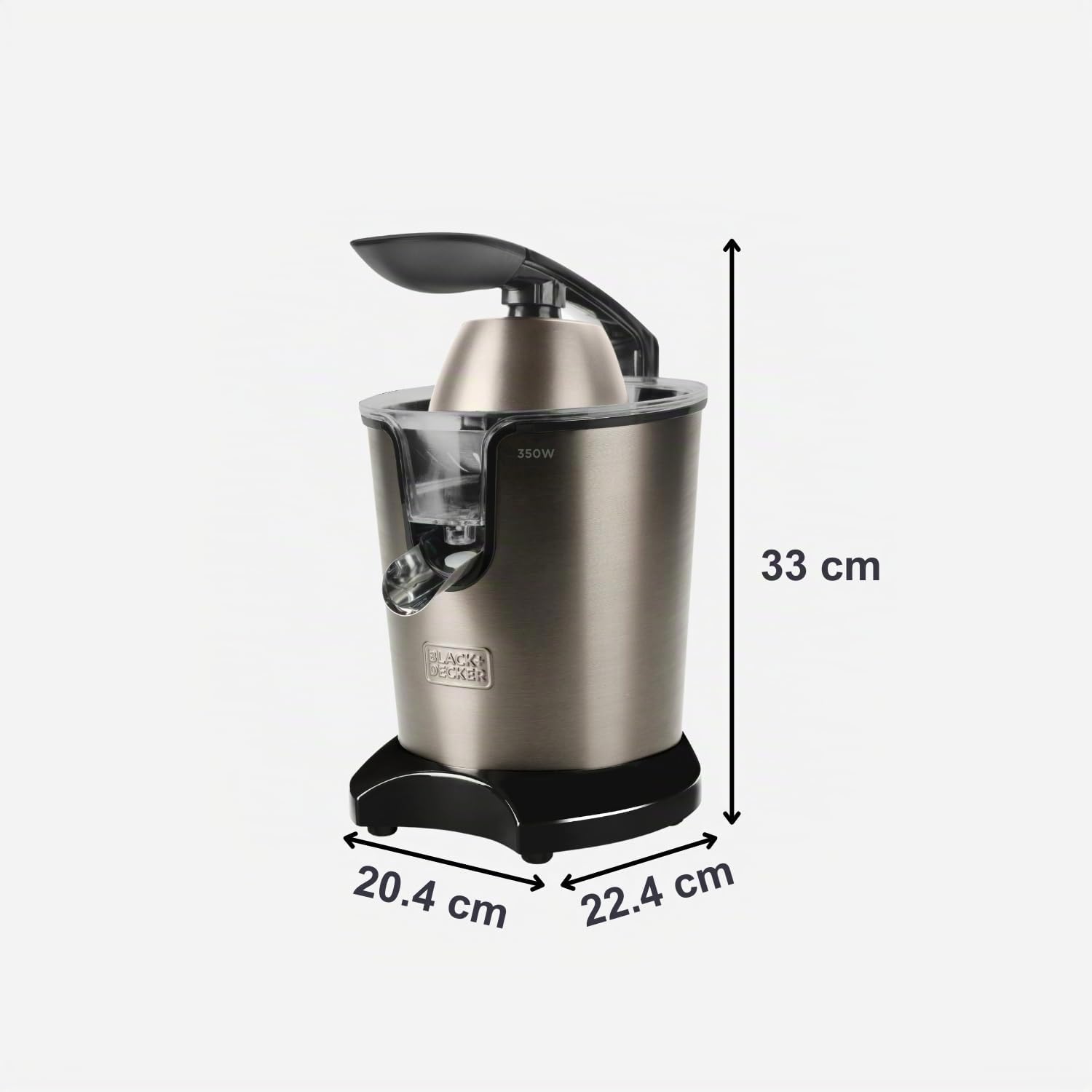 BLACK+DECKER - Spremiagrumi a Leva 350W | Motore AC Pro | 2 Coni | Serbatoio 0,65L o Erogazione Continua | Anti-Goccia | Filtro Polpa | Parti Lavabili | Senza BPA | Acciaio Inox