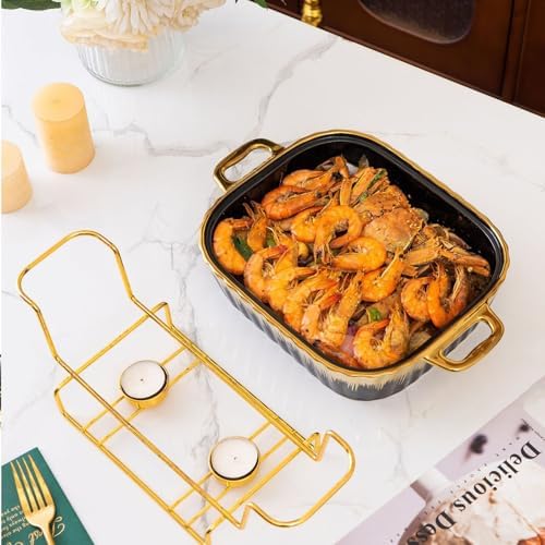 Rectangular Ceramic Chafing Dish Set with Glass Lid, Imitation Marble Buffet Warming Trays for Weddings, Parties, Banquets - 1.5L/1.6Quart, Elegant White Serving Dishes