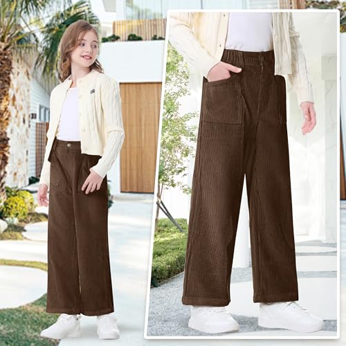 Image of Rolanko Girls Wide Leg Corduroy Pants High Waist Trousers Vintage Kids Pants Streetwear Casual 4-12 Years