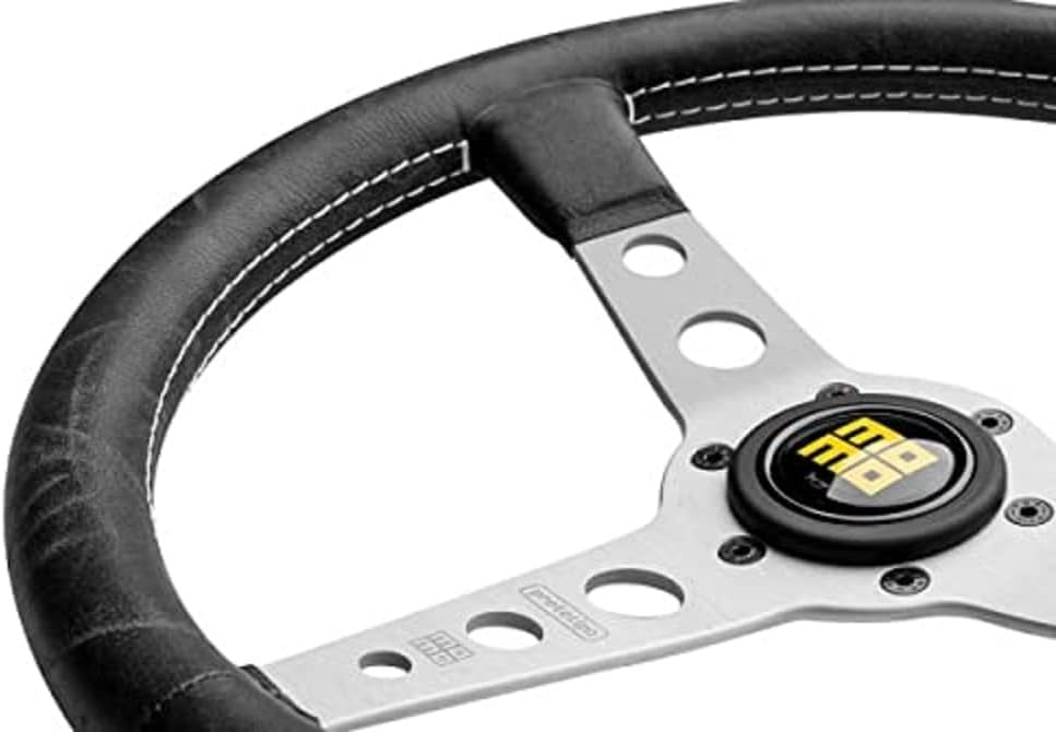 MOMO Motorsport Prototipo Steering Wheel Black Leather Grip Brushed Aluminum Spoke White Stitch 350mm