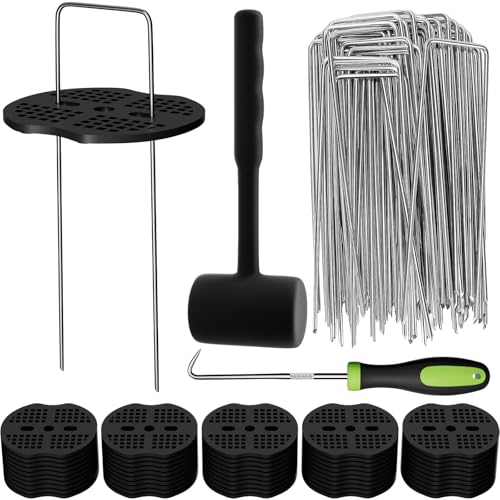 Cookmaster Weed Membrane Pegs, Artificial Grass Pegs, Heavy Duty Ground Pegs with Metal Picker Hook, 100 Buffer Washer, 100 Metal Peg, 1 hammer for Garden Membrane, Weed Control, Artificial Grass