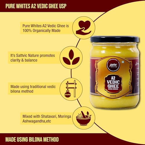 Image of Pure Whites A2 Gir Cow Vedic Ghee 500 ml Bilona Method | Better Nutrition, Digestion & Immunity Booster | Traditional and Homemade Organic Fresh Ghee | Pure, Natural & Healthy | Lactose and Gluten Free, Pure, Natural & Healthy | Rich in Omega 3 and 6