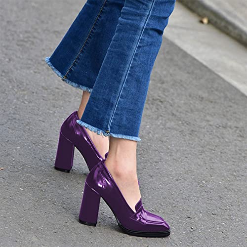 Image of FOWT Dressy High Block Heels Loafers for Women Classical Square Toe Pumps Comfortable Slip On Walking Shoes School Uniform Goth Oxfords US Size 4-16 M