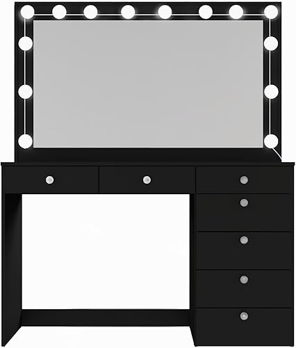 Miniatura 6 de Boahaus Diana - Tocador blanco con espejo y 11 luces, 7 cajones, pomos de cristal, puertos USB-C + USB-A, toma de corriente de 110V, parte superior