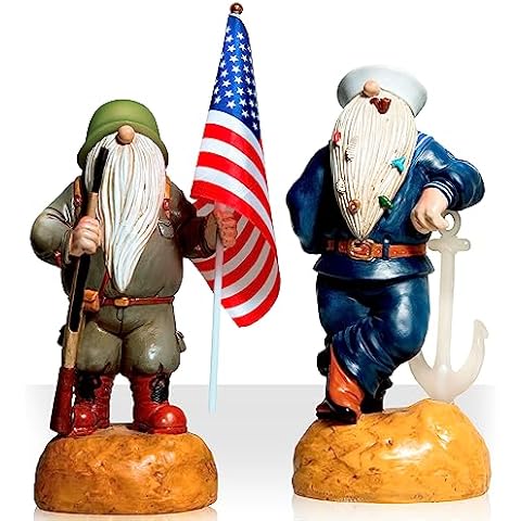 Redwix Military Gnome and Navy Gnome, Military Decor Garden Gnomes with Solar Light 12.1", Funny Garden Gnomes in US Army Uniform, Patriotic Gnomes Cover