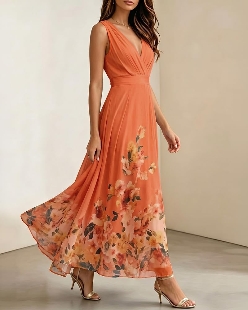 shownicer Robe Femme Chic Et Elegant Col en V sans Manche Robe Longue Imprimé Fleurs Robes De Ceremonie Printemps Été