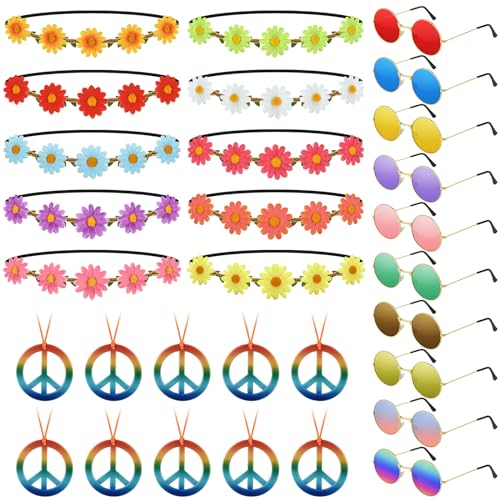 NEBURORA 30Pcs Hippie Accessories 60s 70s Hippie Costume Accessories Set Daisy Headband Peace Sign Necklaces Hippie Sunglasses Costume Supplies for Carnival Party