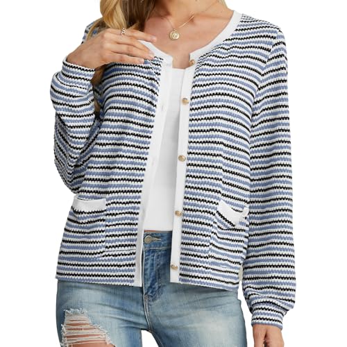 Image of Women Striped Cardigan Button Cardigan Sweaters Dressy Casual Lightweight Jacket with Patch Pockets for Women