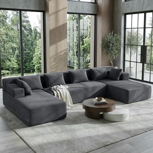 Image of MONVANE 141 inch U Shaped Cloud Sectional Couch with Chaise Lounge, Modular Sectional Sofa with Removable Armrests, Comfy Corduroy Boneless Couches for Living Room, No Assembly Required, Grey