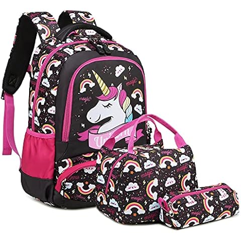 Girls School Backpack Unicorn Backpack for Girls Elementary School Bookbags for Kids Water Resistant School Bag with Lunch Tote Bag Pencil Purse Bag 3 in 1 Sets Black Cover