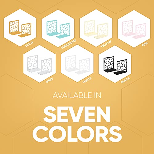 Premium Geometric Gold Honeycomb Bookends For Shelves, Metal Book Ends For Office, L-Shaped Book Stopper, Rustproof Bookends Decorative Unique For Home, 6.25 (L) X 6 (W) Inches, 1 Pair - Geomod #TOP3