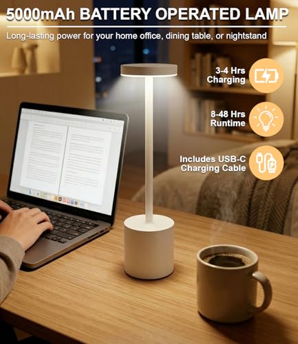 Image of Swinerton White Rechargeable Cordless Table Lamps Set, 5000mAh Battery Powered Wireless Table Light, Portable LED Desk Lamp, 3 Color Dimmable Lighting for Restaurant Dining Patio Outdoor Bedroom