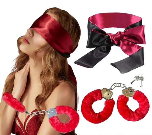 Sexy Plush Toy Handcuffs with Keys and Satin Bandage Blindfold Eye Mask Party Supplies for Lover Couple (Red)