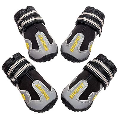 BINGPET Dog Boots Waterproof Reflective Pet Shoes for Medium to Large Dogs Anti-Slip Paw Protectors with Adjustable Straps 4 Pcs