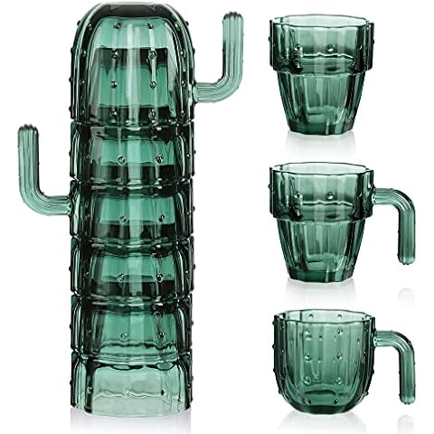 Joeyan 240ml Green Cactus Drinking Glasses - Set of 6 Stackable Water Glasses with Handle - Creative Glass Tumbler Set for Water, Juice, Cocktail and Beverages - Unique Glassware Gift Cover