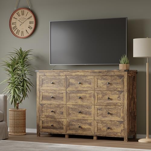 Image of BORNOON 12-Drawer Dresser, Modern Wooden Storage Chest of Drawers, Dresser TV Stand, Wood Drawer Organizer with Metal Handles for Bedroom, Living Room, Hallway
