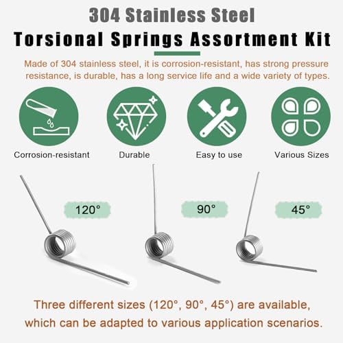 Ruibapa 50Pcs Torsional Springs Assortment Kit 15 Sizes 304 Stainless Steel,45/90/120 Degree for Home Repairs & DIY Springs Assortment — view 2