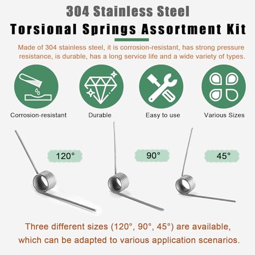 Ruibapa 50Pcs Torsional Springs Assortment Kit 15 Sizes 304 Stainless Steel,45/90/120 Degree for Home Repairs & DIY Springs Assortment - Thumbnail 3