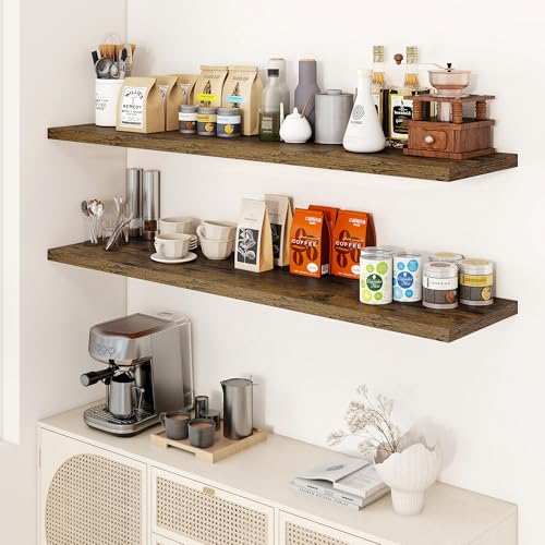 Image of Dreamland 55 inch Floating Shelves for Wall, 12 inch Deep Slim Rustic Brown Floating Shelves, Wall-Mounted Shelves for Bedroom, Living Room, Kitchen, Bathroom - Set of 2