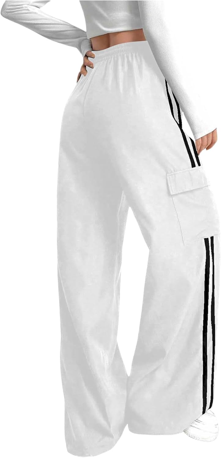 Size M Verdusa Women's Cargo Pants Baggy Straight Wide Leg Track Pants Striped Joggers with Pockets Athletic Streetwear