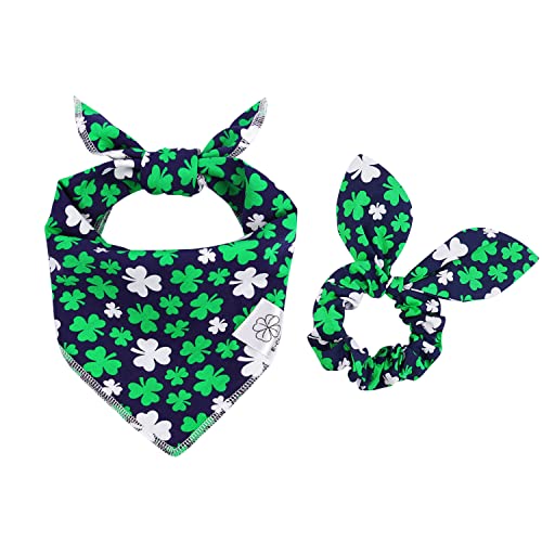 E-Clover Spring Dog Bandana & Matching Scrunchie Set Shamrock Lucky Dog Bandanas Scarf with Bow Hair Ties for Medium Large Dogs & Pet Owner Mom