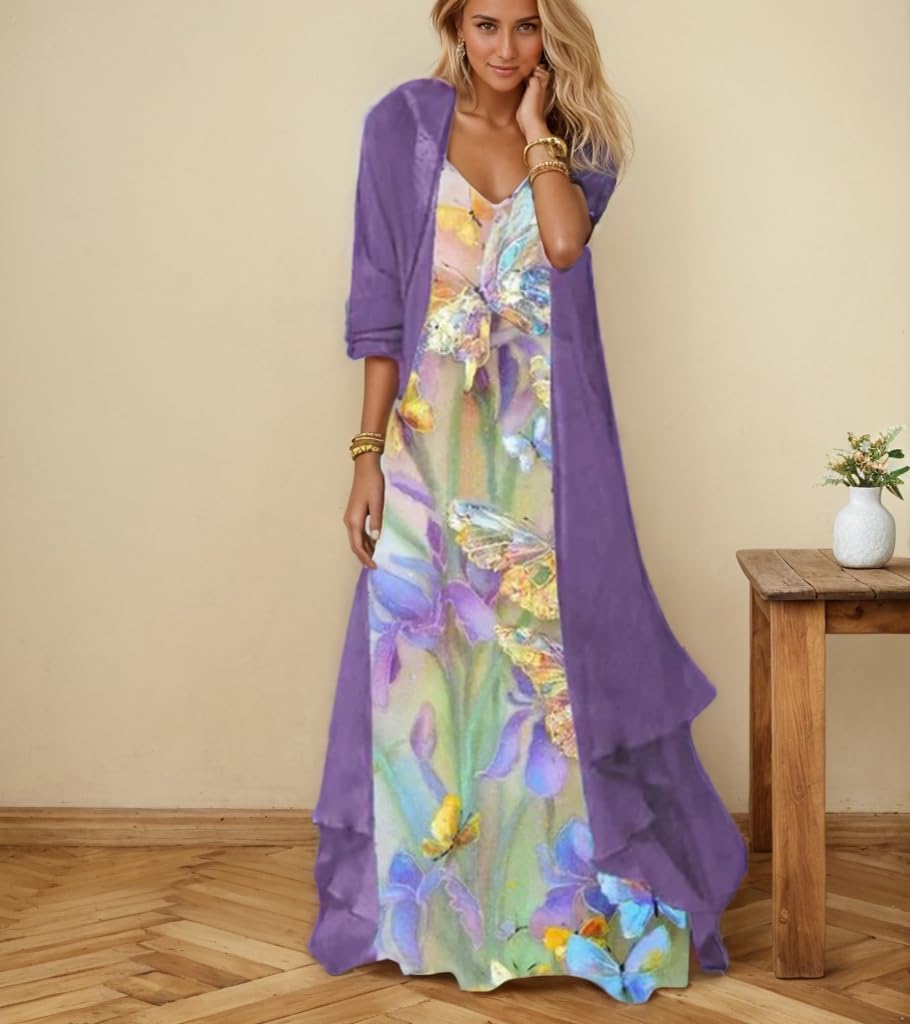 Akivide Womens's Casual 2 Piece Set Boho Floral Print Maxi Dress with Cardigan Flowy Chiffon Wedding Guest Dresses for Women - Image 2