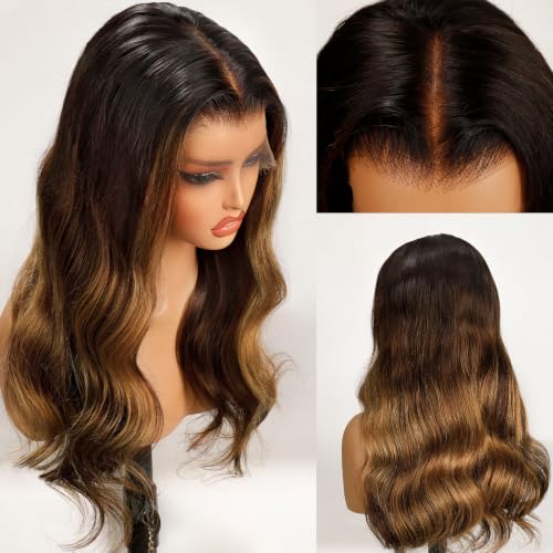 BEEOS 13x6 Skinlike HD Lace Frontal Wig 250% Density, Balayage Brown and Honey Blonde 100% Remy Human Hair Wigs for Women, Pre-plucked Natural Hairline with Bleached Knots 28 Inch