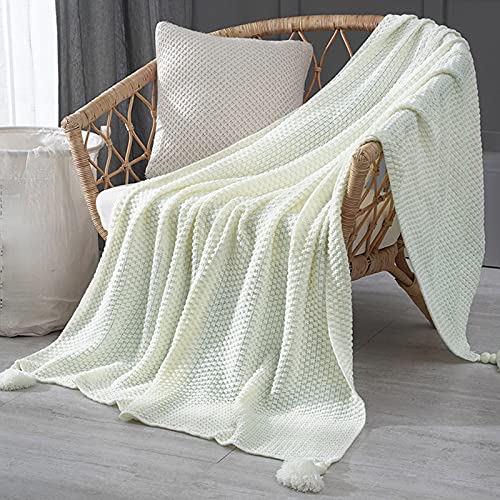 JUBANGLIAN Couverture tricotée, 100 % acrylique, douce et légère, avec pompons, pour canapé, lit, bureau, lavable en machine, couleur unie (blanc, 70 × 100 cm) Cover