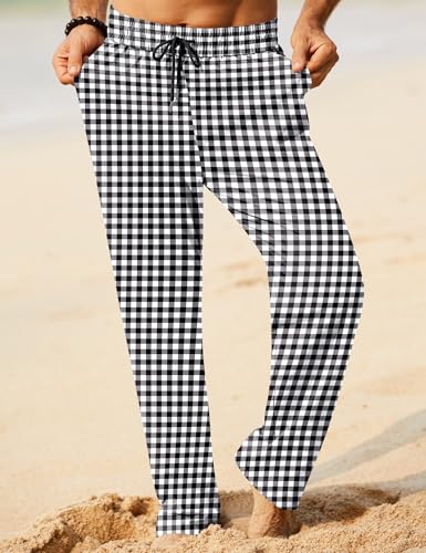 Image of iWoo Linen Pants Men Casual 2025 Summer Beach Elastic Drawstring Waist Yoga Pants Travel Baggy Work Pant Pajama