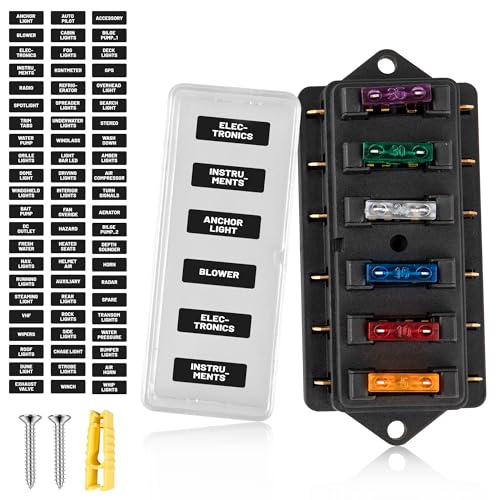 RED WOLF 6 Way Fuse Block Blade Fuse Box with Standard Circuit Fuses for Boat Marine Vehicle Auto RV Car Trailer Truck SUV Power Distribution Panel Waterproof Cover DC 10-32V