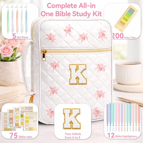 Tanolix Bible Bag for Women, Bible Cover Case with Study Supplies, Initials Personalized Quilted Bible Bag, Large Chenille Bible Cover – Christian Gift for Girls (Pink Lilies-K) — view 4