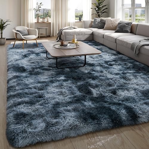 KING DARE 6x9 Area Rugs for Living Room, Shaggy Plush Fuzzy Non-Slip Soft Fluffy Carpet Washable for Bedroom Dorm Playroom Kids Room, Modern Home Decor Aesthetic, Blue and Grey