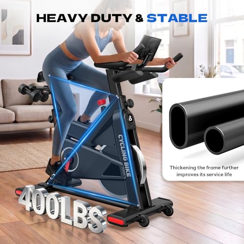Image of Pooboo Exercise Bike, Stationary Bikes for Home Cardio with Comfortable Seat Cushion, Adjustable Seat Handle, APP Supported Spin Bikes for Home with iPad Holder & 400 lbs Weight Capacity