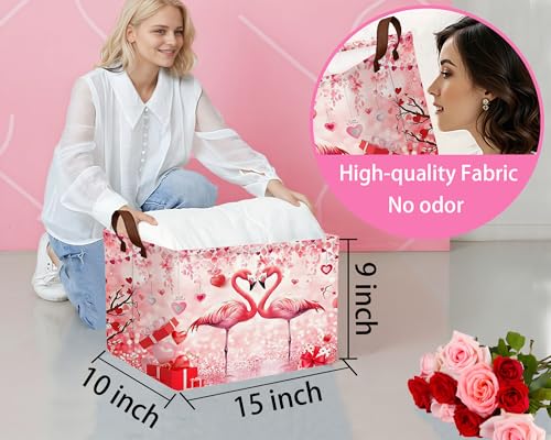 Image of Valentines Day Basket Large Foldable Heart Shaped Storage Box for Gifts Kids Empty Storage Bins Rectangular Toy Organizer Decor (Love Flamingo)