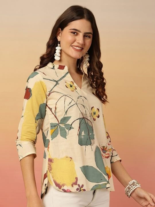 Image of MANHAREE Women's Cotton Floral Printed Short Kurti Top | V-Neck 3 /4 Sleeve Ethnic Tunic for Jeans | Casual Summer Wear Kurta for Women and Girls