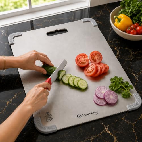 Image of Extra Large Anti Skid Stainless Steel Chopping Board with Knife [45x31 cm] Non Slip Cutting for Kitchen with Silicone Anti Skid Corner Protectors,Rust Proof,for Vegetables, Fruits + Knife