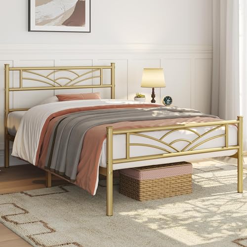 Yaheetech 3ft Single Bed Metal Slatted Bed Frame with Cloud-inspired Design Headboard, Under-bed Storage Antique Gold