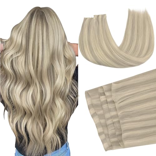 Image of GOO GOO Genius Weft Hair Extensions Human Hair, Sew In Weft Extensions, Seamless Blend & No Bulk Flat, Natural Volume for Women, 17A /60A Ash Blonde Highlighted Platinum Blonde 14 Inch 100g