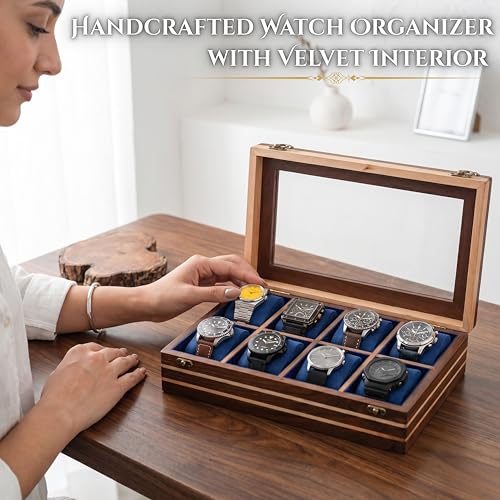 Image of Mens watch box, Watch display case, Indian Rosewood watch box organizer for men, Velvet lining glass lid, Solid Gift for Him, Made for Special Occasions (Dark brown - 8 room - 2)