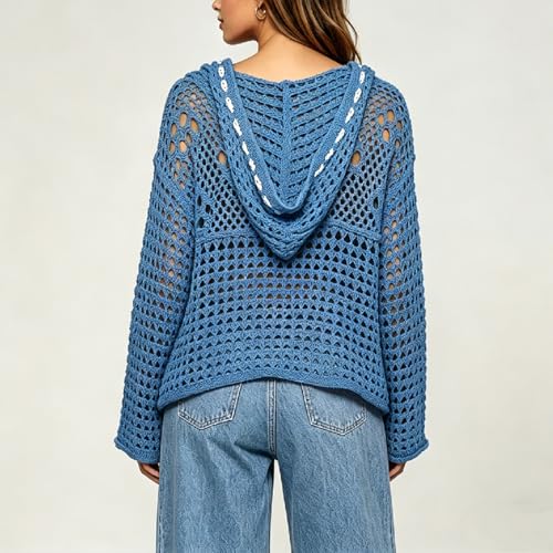 Image of Women's American Flag Crochet Sweater Long Sleeve Hollow Out Lightweight Knit Hoodie 2026 Summer Beach Cover Up Tops