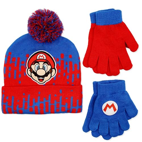 Nintendo Boys Winter Hat and Gloves Set Ages 4-14 Years Super Mario Kids winter Hat and 2 Gloves Set for Girls