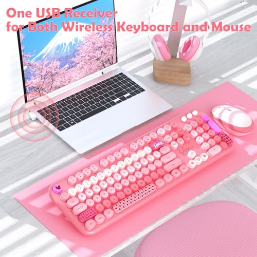 Image of Wireless Keyboard and Mouse,MOFII 104 Round Keys Lovely Full-Size Cute Colorful Keyboard and Mouse with Retro Typewriter for PC /Mac /Laptop /Tablet /Computer /Windows Pink