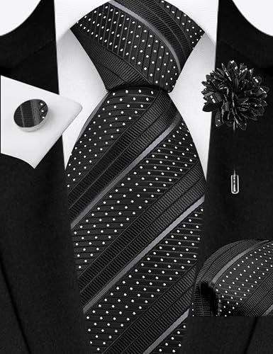 Image of GUSLESON 3.15 inch（8cm） Mens Stripe Tie and Lapel Pin Necktie Hankerchief Cufflinks Set for Men