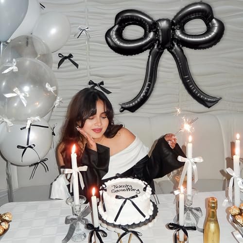 Image of 4 Pcs Bow Birthday Decorations Black Bow Balloons Bow Party Decorations Giant Foil Balloon for Girl Women Baby Shower Bridal Engagement Wedding Decor Bachelorette Party Supplies