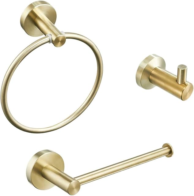 NEWRAIN Stainless Steel Bathroom Hardware Set Brushed Gold 3 Pieces Bathroom Hardware Accessories Sets Wall Mounted Double Towel Ring Towel Holder Hook Toilet Paper Holder