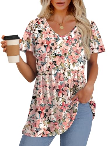 Image of OFEEFAN Womens Summer Tops Babydoll Short Sleeve Shirts Puff Sleeve Peplum Tops V Neck T Shirts