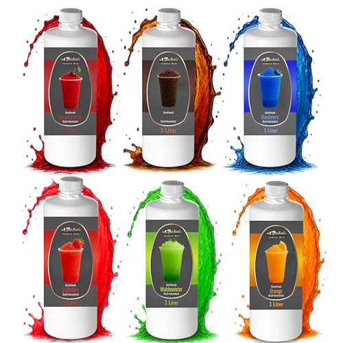 A. Becker´s Slush Eis Sirup | Ohne Azofarbstoffe | 6x 1L Kirsche, Cola, Blaubeere, Waldmeister, Erdbeere, Orange | 1L Slush Konzentrat ergibt 6L Eis | Getränkesirup für Slush Maschine und Mixer