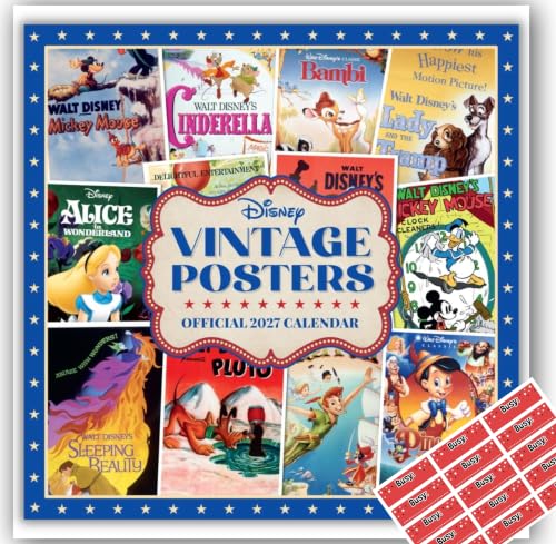 Image of Disney Vintage Posters Calendar 2027 Square Calendar Gift Present with Free Organising Stickers, 305x305mm